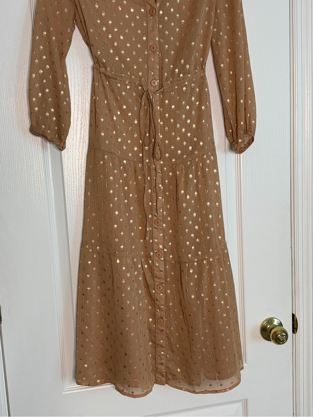 Tan and Metallic Gold Dot Tired Listicle Midi Dress - Picture 4 of 8